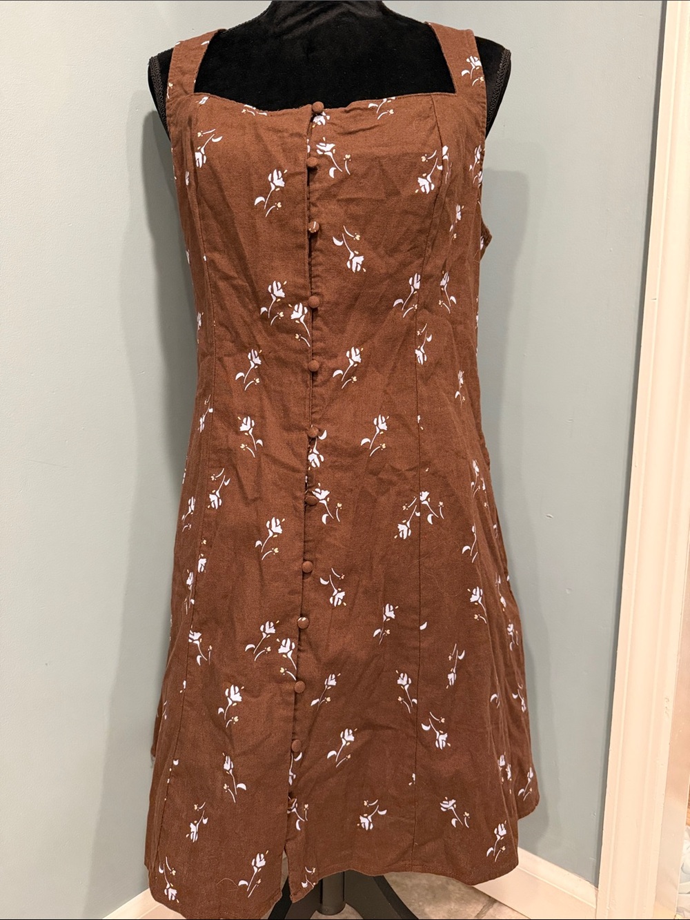 Medium Brown Floral Button-Front Linen Sundress a New Day